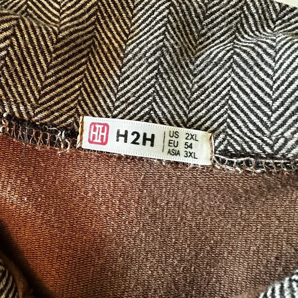 H2H Cardigan Sweater 2XL Brown Herringbone Trim Button Front Collared Excellent